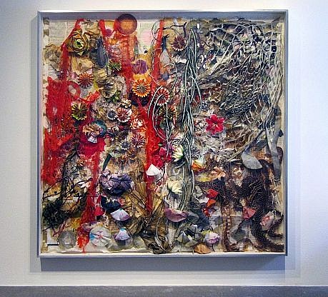 JUDY PFAFF, ROSIE'S BED
cut, burned and perforated bond and Crown Kozo paper, joss paper,sheet music, silk and paper flowers, honeycomb, packaging materials, wire, fishing line, coffee filters