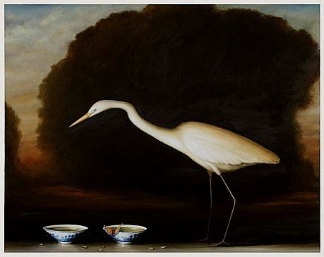 DAVID KROLL, EGRET AND TWO BOWLS
oil on linen