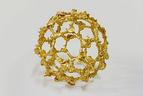 MARY EHRIN, BAROQUE BUCKYBALL
Air-dried porcelain, 23 ct. gold leaf on mirored pedesta with Plexi box