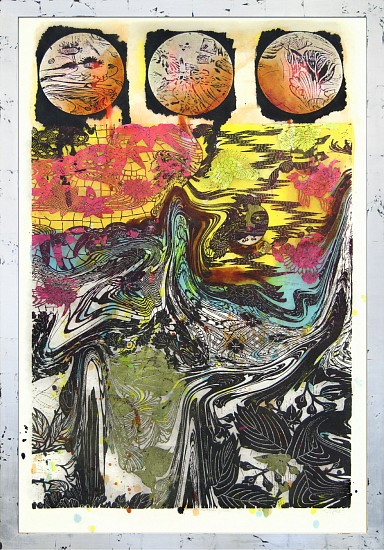 JUDY PFAFF, THE THREE FISHES 3/30
woodcut, hand painted dye, colored silver leaf