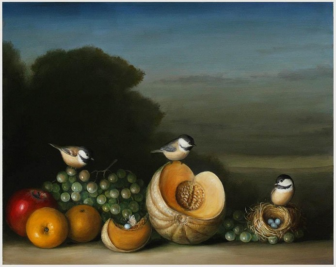 DAVID KROLL, LANDSCAPE WITH FRUIT AND NESTS
oil on panel