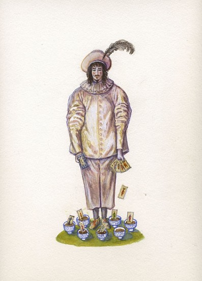 KAHN + SELESNICK, MADAME LULU'S BOOK OF FATE TAROT COSTUME DRAWING: 7 OF CUPS
watercolor on paper