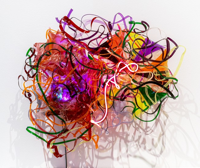 JUDY PFAFF, HOT LUNCH JAM
melted plastic, acrylic resin, paper lanterns, light bulb, neon lights, electrical components