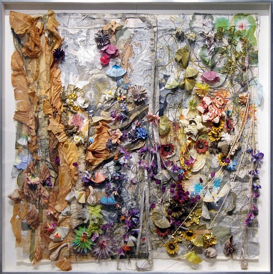 JUDY PFAFF, DE LAS FLORES
dyed and folded Japanese papers, print matter, artificial flowers, gourds, coffee filters