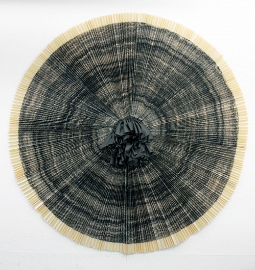 ANN HAMILTON, ciliary
wall-mounted lithograph and fabric assemblage with bamboo support