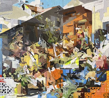 frank zoey. backyard patio study 1 18x20 oil and acrylic on panel 2024.jpeg