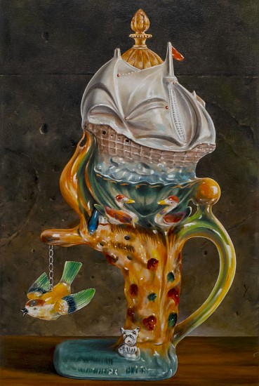 JERRY KUNKEL, CAT, BIRD, SHIP VASE
oil on canvas
